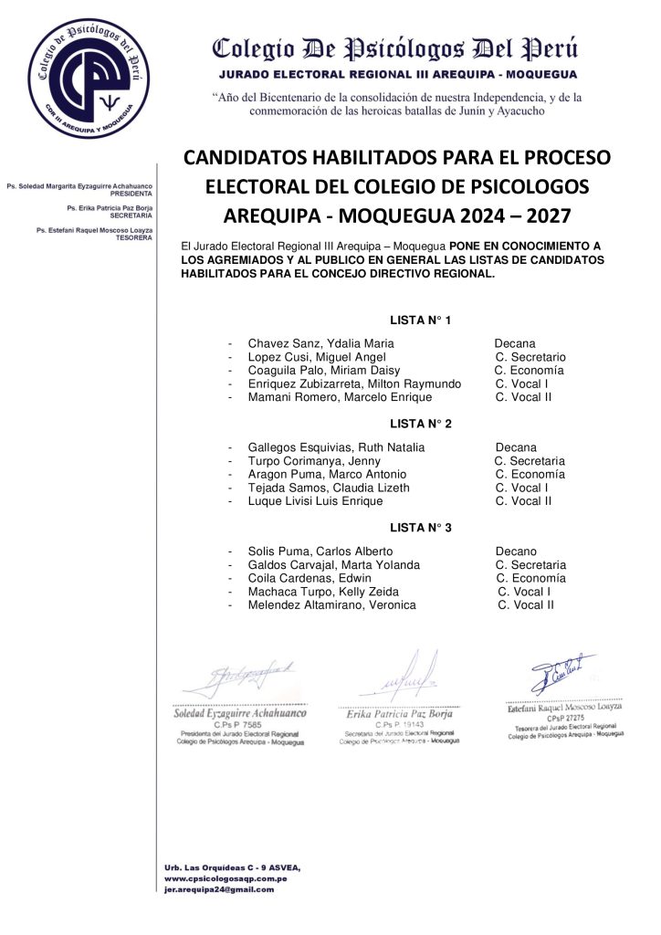 Listas de Candidatos Habilitados para el proceso electoral del Colegio de Psicólogos – Arequipa y Moquegua 2024 – 2027